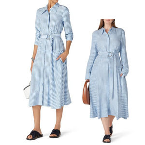 TIBI Summer-Fresh Midi Shirtdress Long Sleeve Gingham Printed Blue Size 4